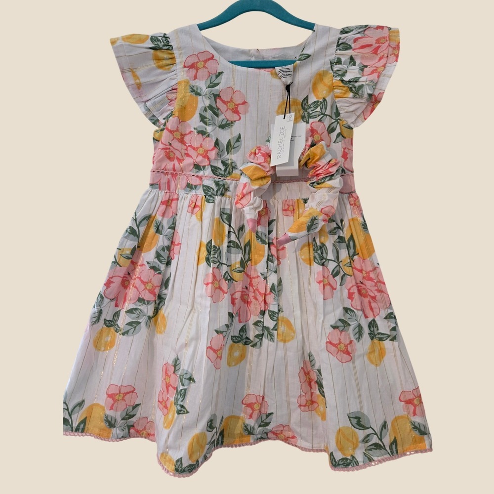 Rachel Zoe Girls Lemon Floral Flutter Sleeve Dress Headband Set White Pink 6X